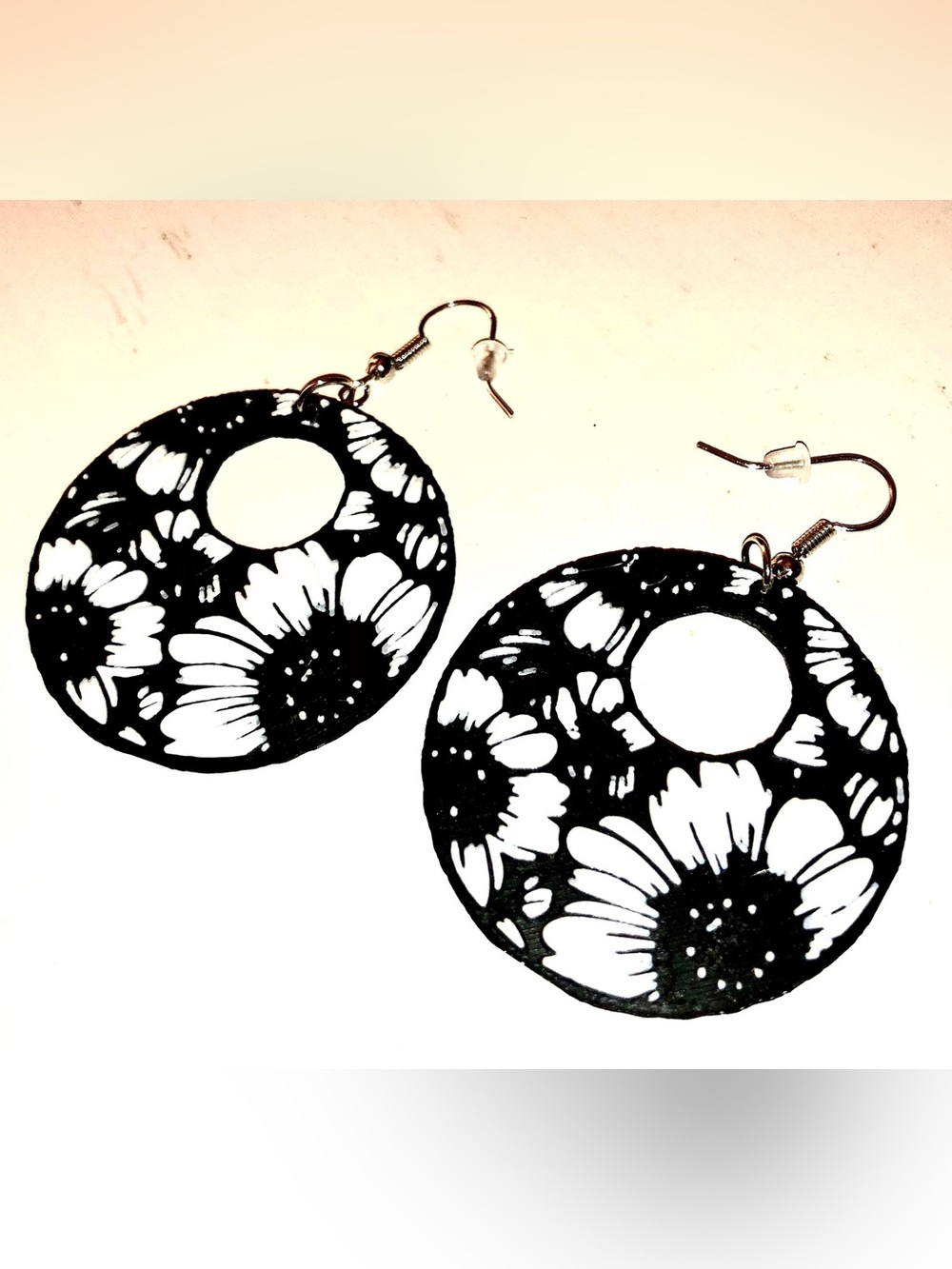 Black and White Floral Hoop Earrings - Women Jewelry